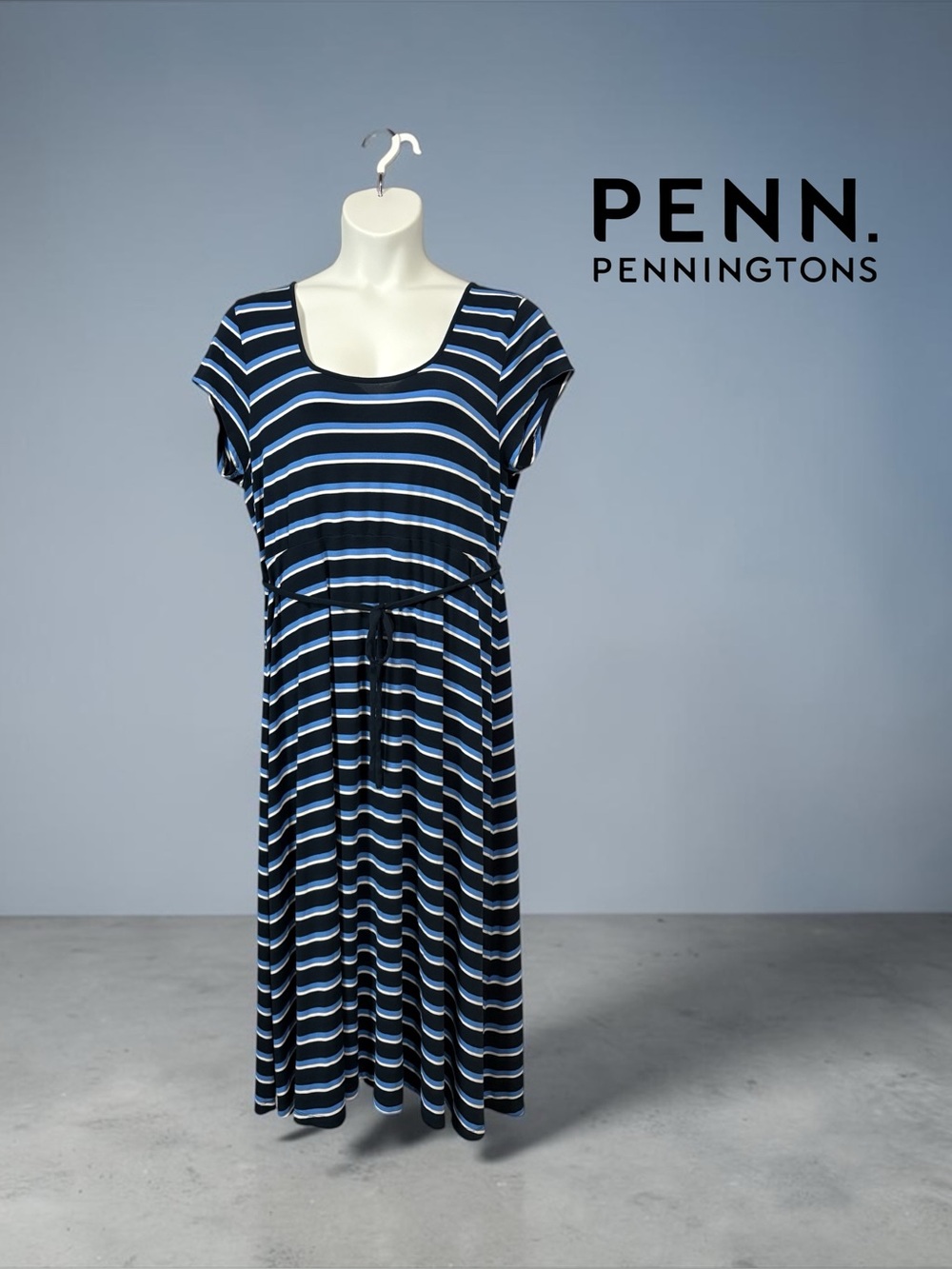 Penningtons, Plus Size 1X, Striped Maxi Dress, Black Blue White, Stretch